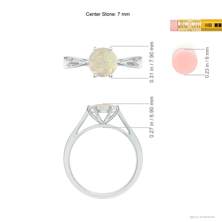 7mm AAA Tapered Shank Opal Solitaire Ring with Diamonds in 18K White Gold ruler