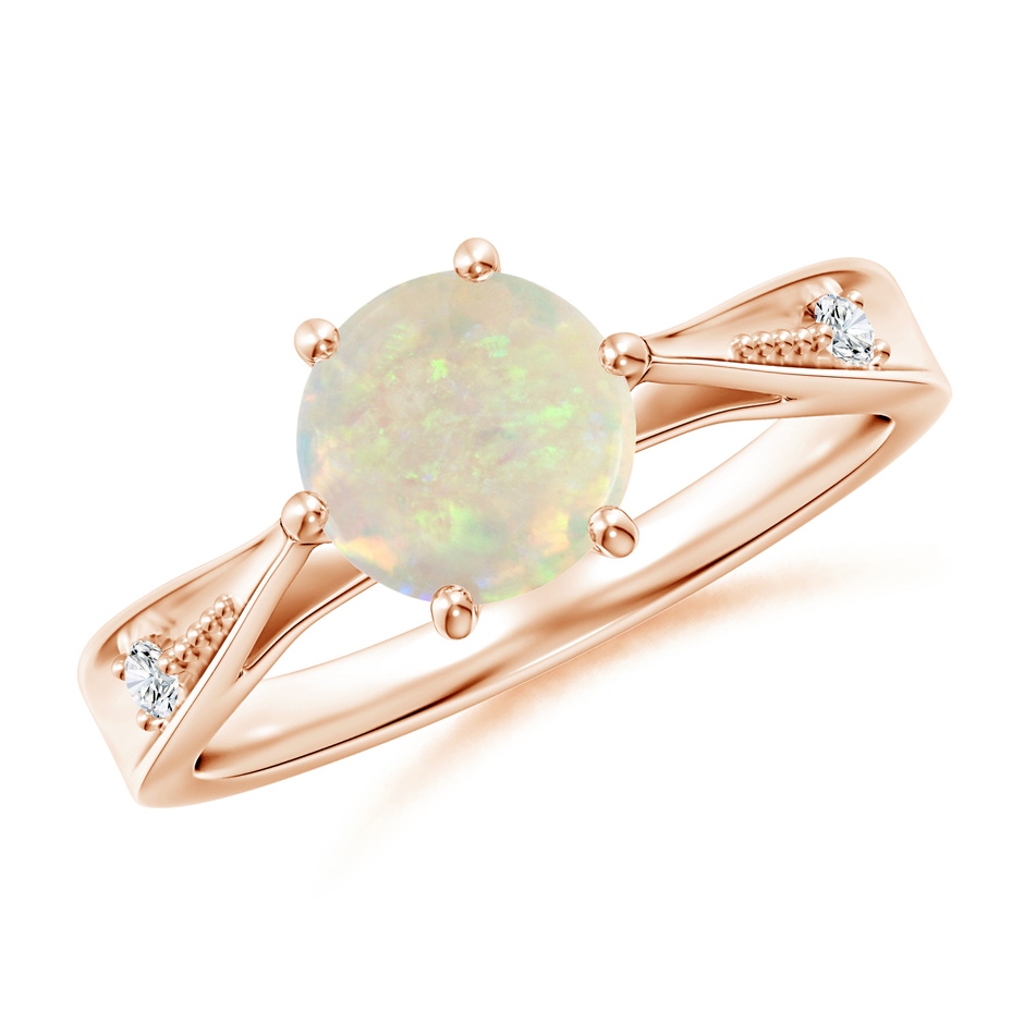 7mm AAA Tapered Shank Opal Solitaire Ring with Diamonds in Rose Gold 