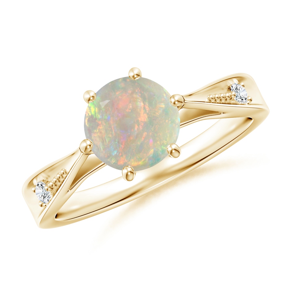 7mm AAAA Tapered Shank Opal Solitaire Ring with Diamonds in Yellow Gold 