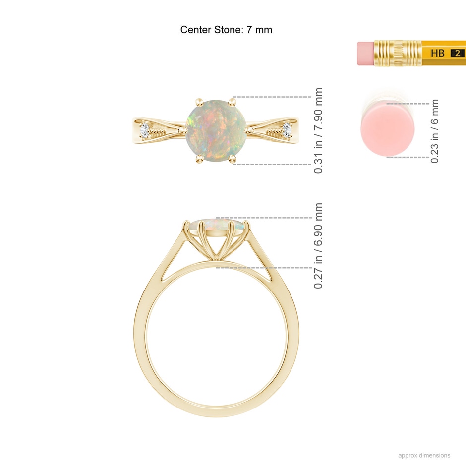 7mm AAAA Tapered Shank Opal Solitaire Ring with Diamonds in Yellow Gold ruler
