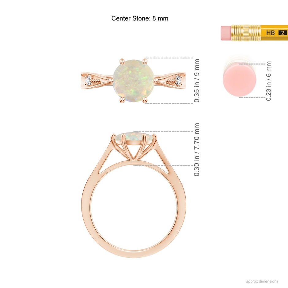 8mm AAA Tapered Shank Opal Solitaire Ring with Diamonds in Rose Gold ruler