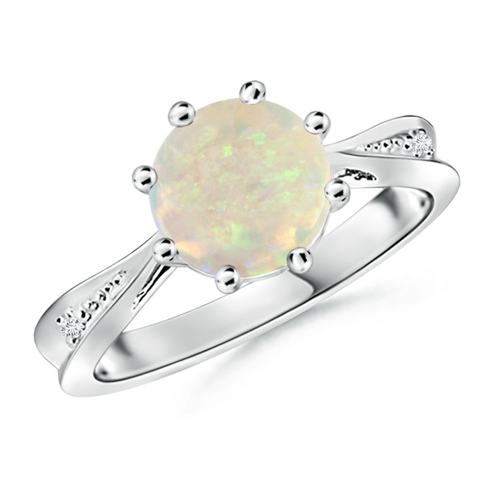 8mm AAA Tapered Shank Opal Solitaire Ring with Diamonds in White Gold