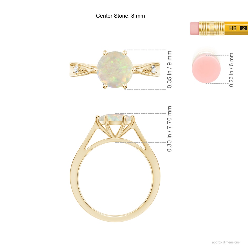 8mm AAA Tapered Shank Opal Solitaire Ring with Diamonds in Yellow Gold ruler