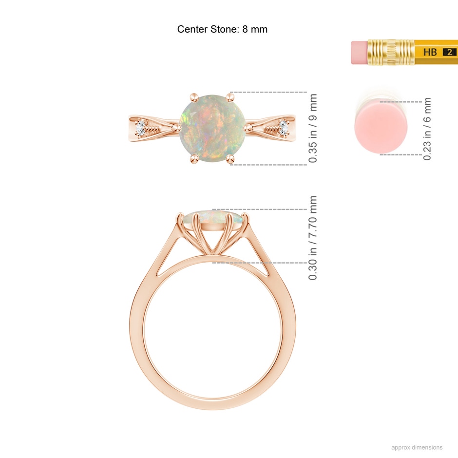 8mm AAAA Tapered Shank Opal Solitaire Ring with Diamonds in Rose Gold ruler