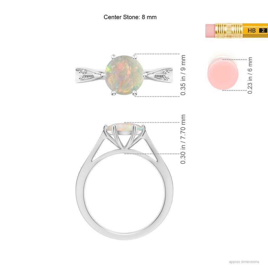 8mm AAAA Tapered Shank Opal Solitaire Ring with Diamonds in White Gold ruler