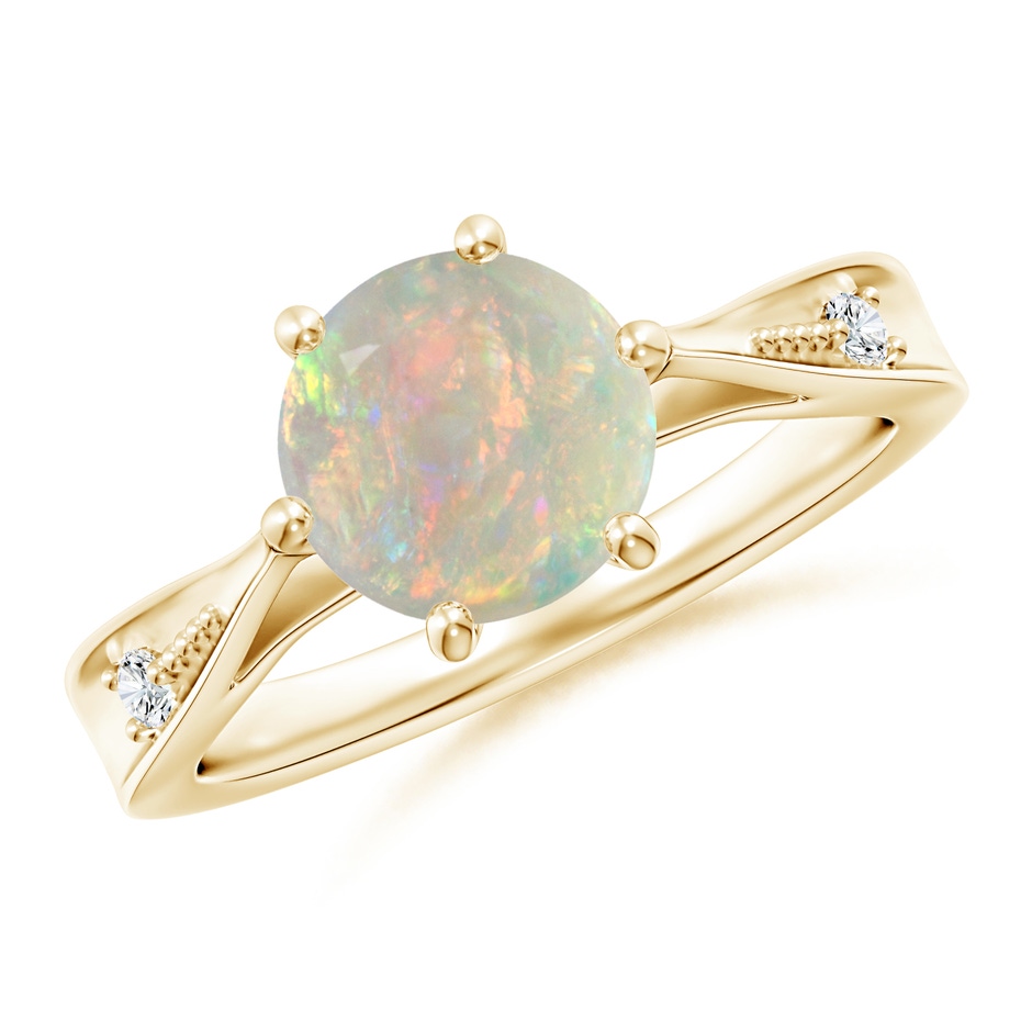 8mm AAAA Tapered Shank Opal Solitaire Ring with Diamonds in Yellow Gold 