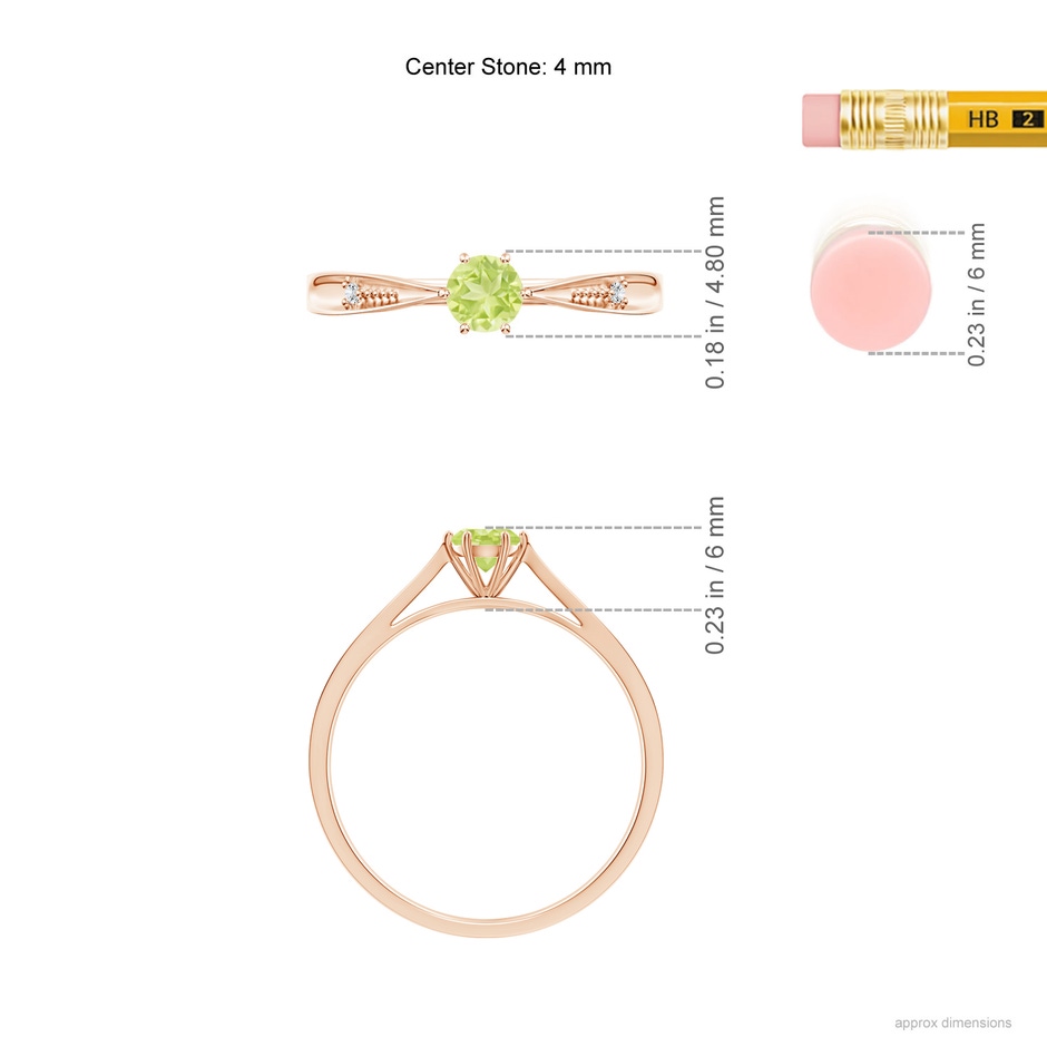 4mm A Tapered Shank Peridot Solitaire Ring with Diamonds in Rose Gold ruler