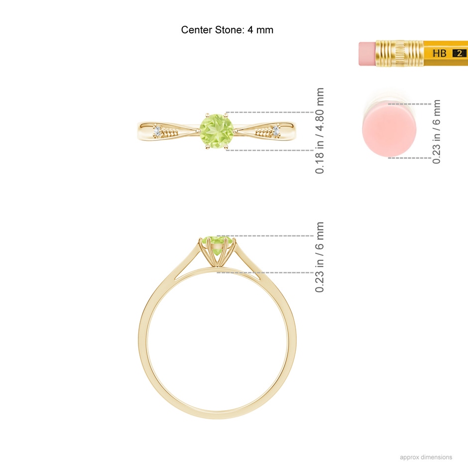 4mm A Tapered Shank Peridot Solitaire Ring with Diamonds in Yellow Gold ruler
