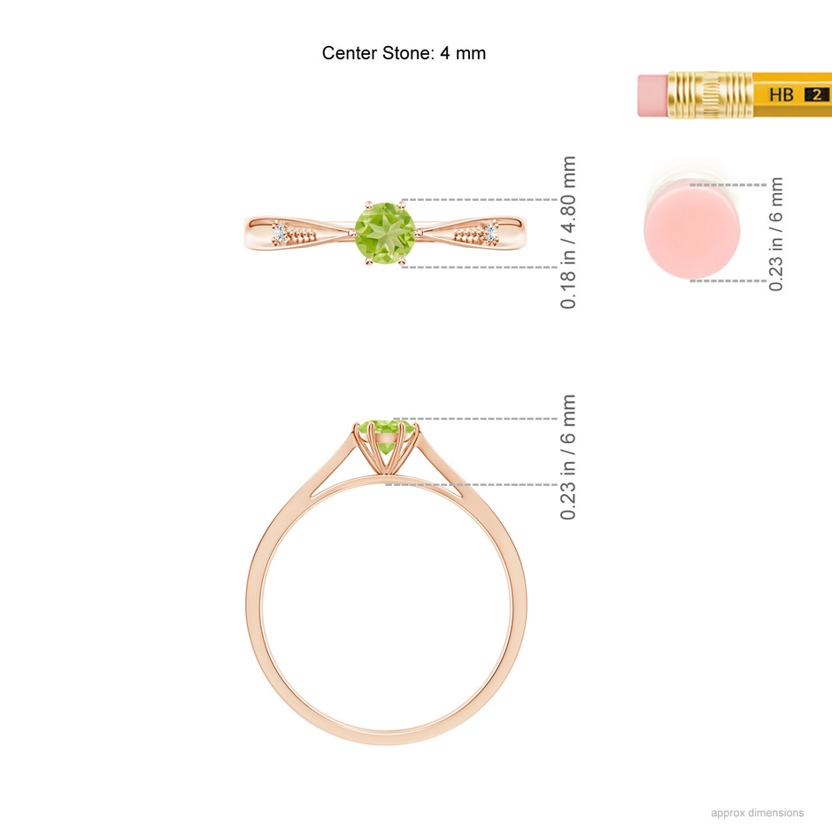 4mm AA Tapered Shank Peridot Solitaire Ring with Diamonds in Rose Gold ruler