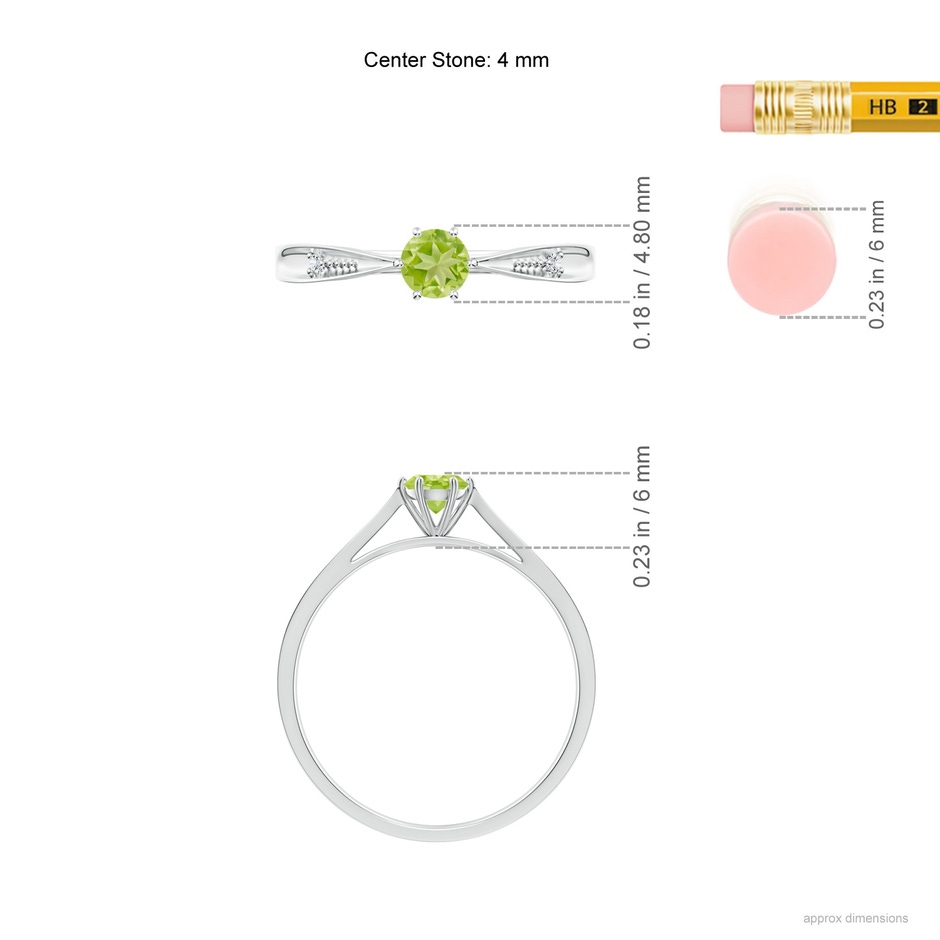 4mm AA Tapered Shank Peridot Solitaire Ring with Diamonds in White Gold ruler
