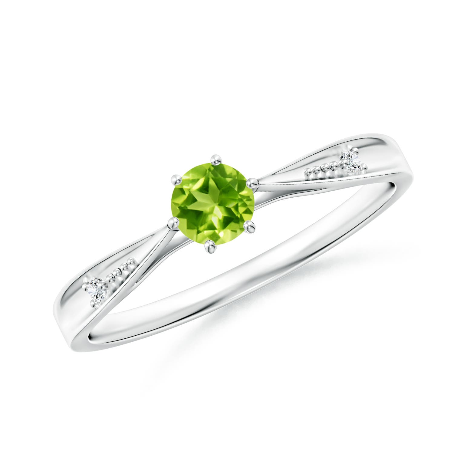 4mm AAA Tapered Shank Peridot Solitaire Ring with Diamonds in P950 Platinum