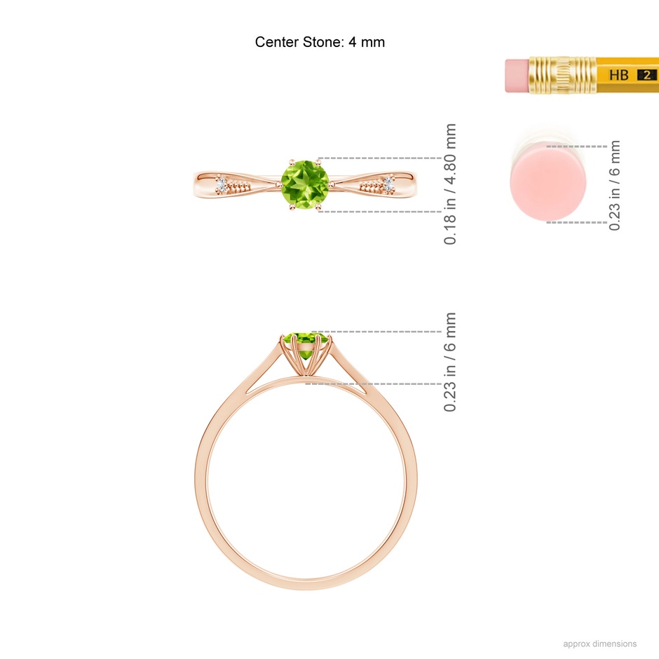 4mm AAA Tapered Shank Peridot Solitaire Ring with Diamonds in Rose Gold ruler