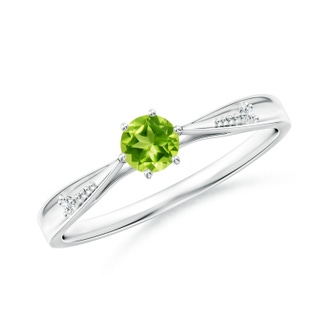 4mm AAA Tapered Shank Peridot Solitaire Ring with Diamonds in White Gold