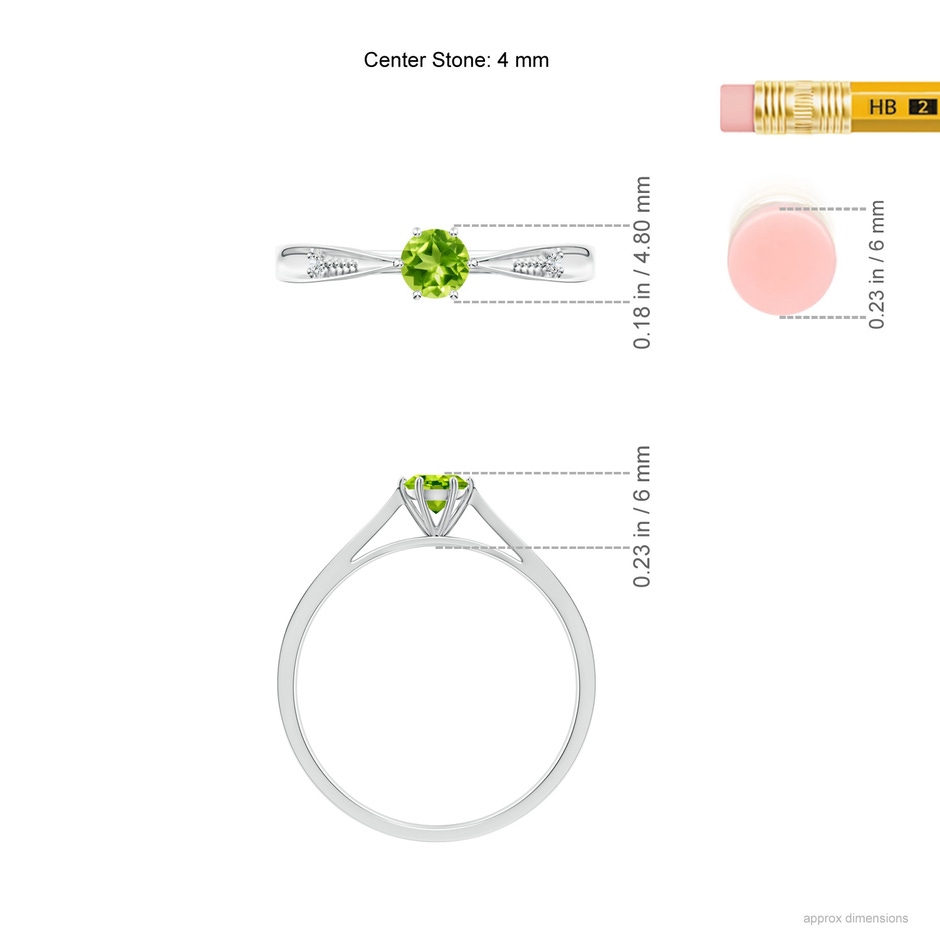 4mm AAA Tapered Shank Peridot Solitaire Ring with Diamonds in White Gold ruler