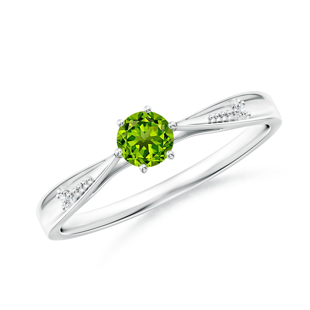 4mm AAAA Tapered Shank Peridot Solitaire Ring with Diamonds in P950 Platinum