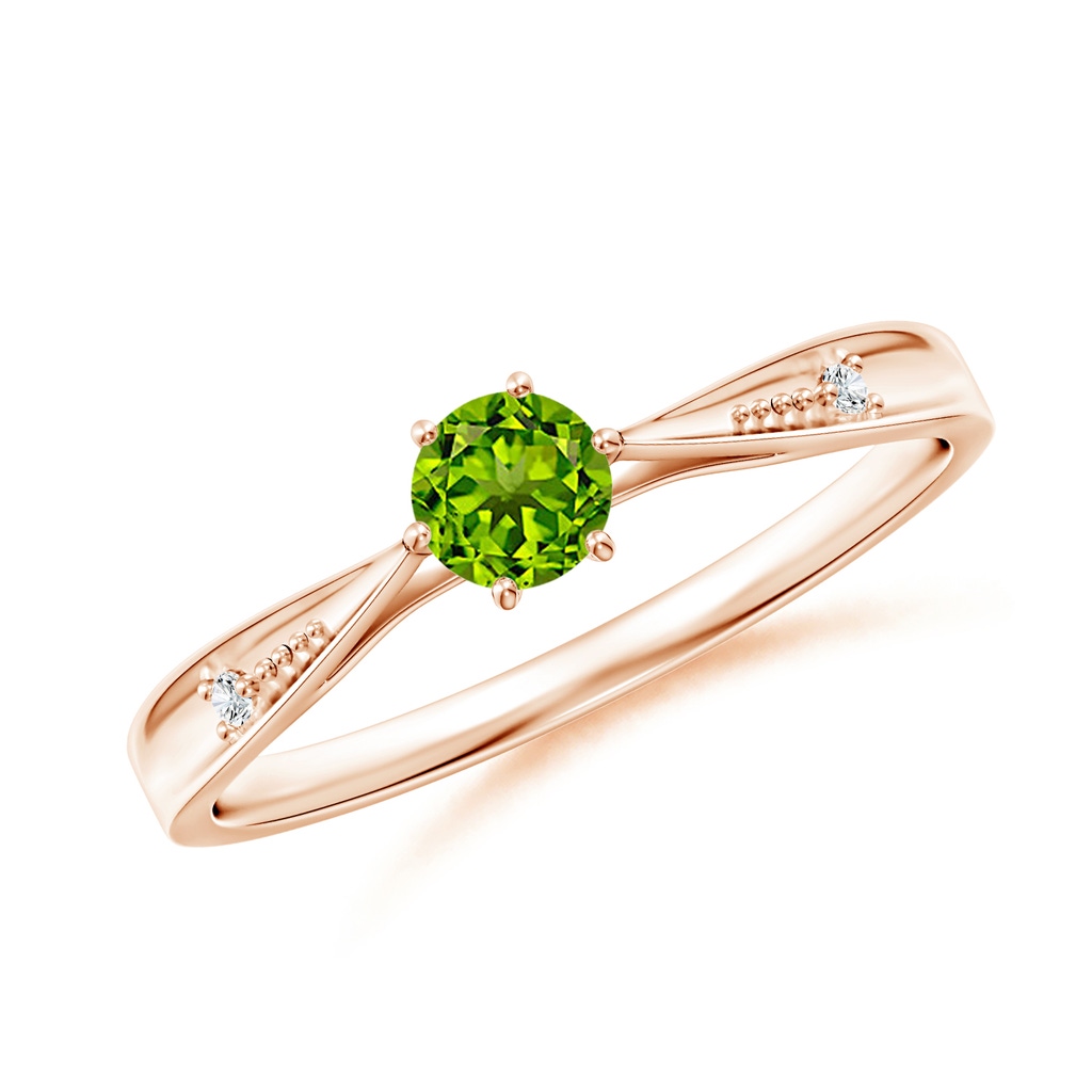 4mm AAAA Tapered Shank Peridot Solitaire Ring with Diamonds in Rose Gold