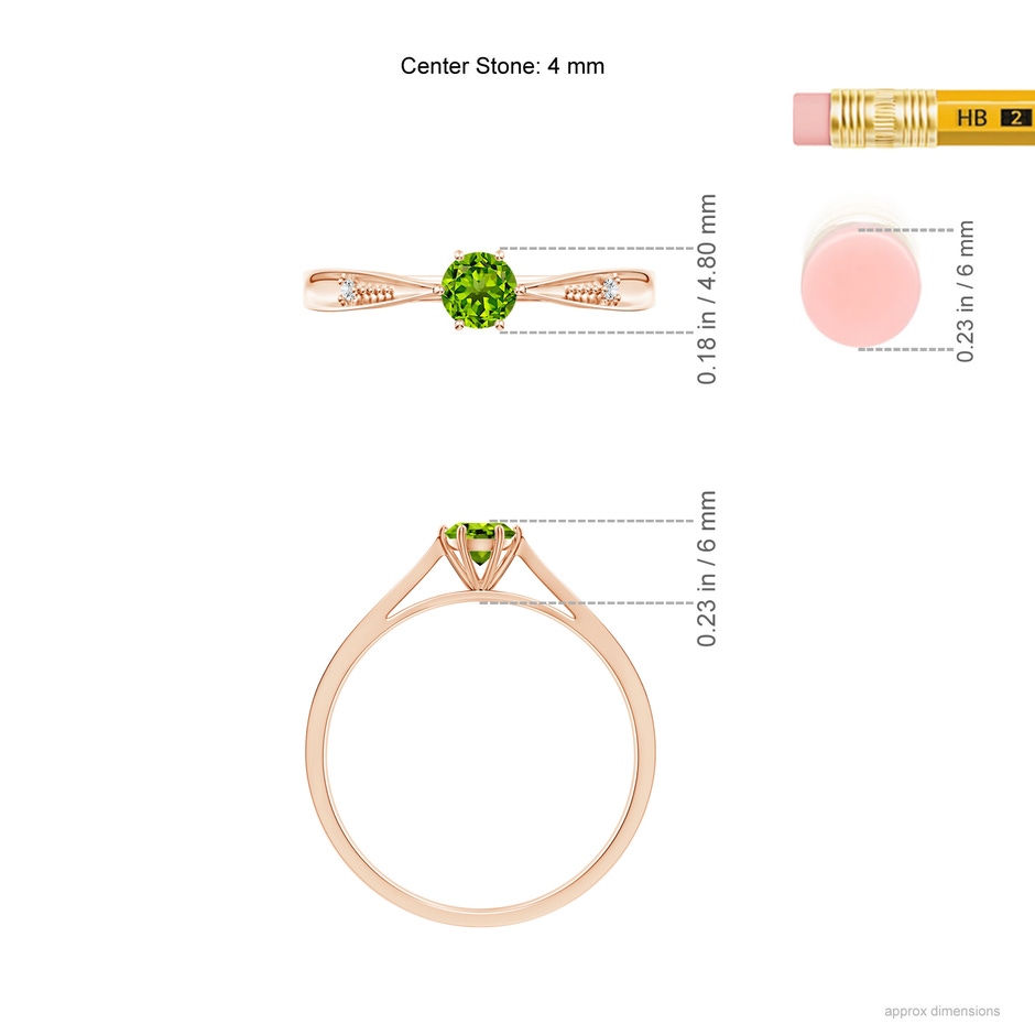 4mm AAAA Tapered Shank Peridot Solitaire Ring with Diamonds in Rose Gold ruler