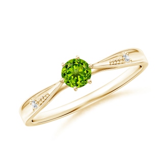 4mm AAAA Tapered Shank Peridot Solitaire Ring with Diamonds in Yellow Gold