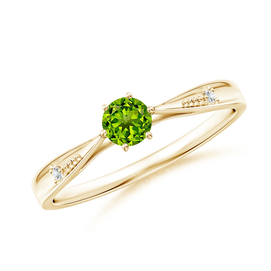 4mm AAAA Tapered Shank Peridot Solitaire Ring with Diamonds in Yellow Gold 
