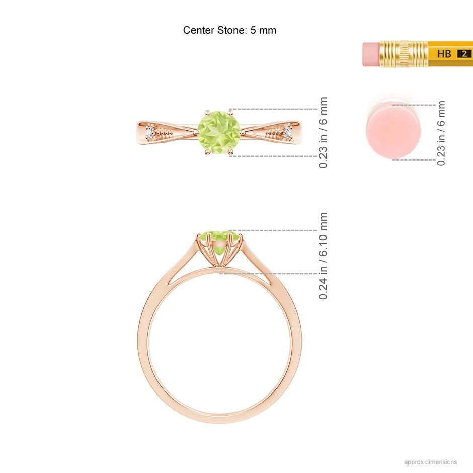 5mm A Tapered Shank Peridot Solitaire Ring with Diamonds in Rose Gold ruler