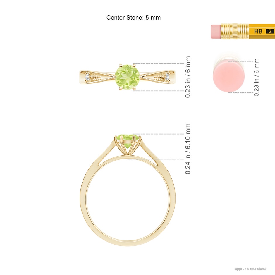 5mm A Tapered Shank Peridot Solitaire Ring with Diamonds in Yellow Gold ruler