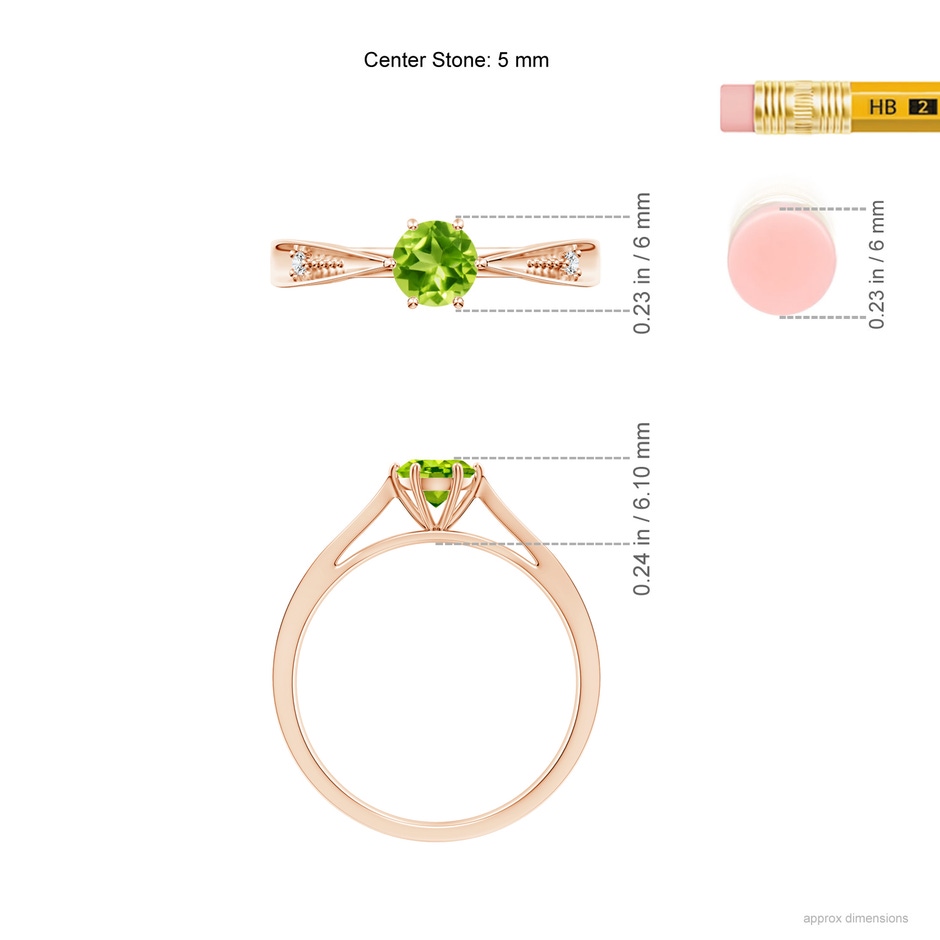 5mm AAA Tapered Shank Peridot Solitaire Ring with Diamonds in Rose Gold ruler