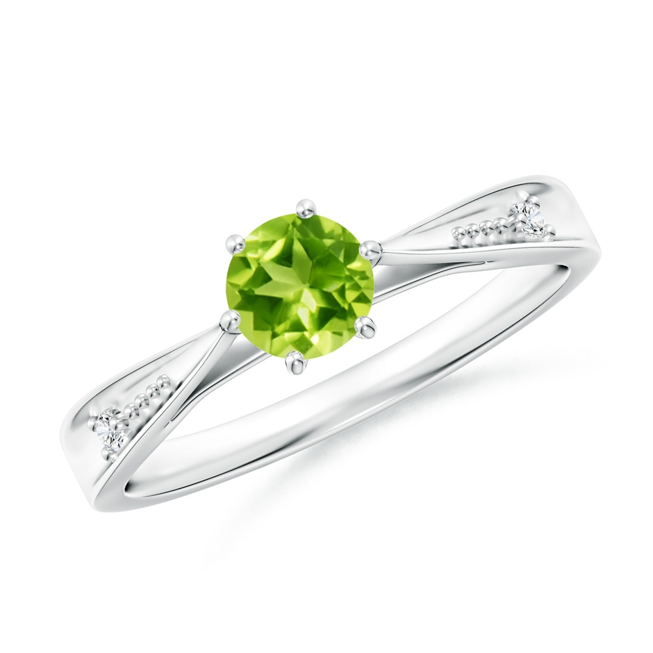 5mm AAA Tapered Shank Peridot Solitaire Ring with Diamonds in White Gold 