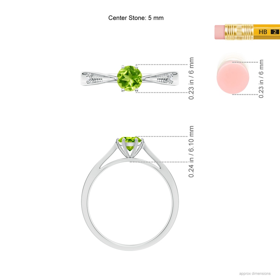 5mm AAA Tapered Shank Peridot Solitaire Ring with Diamonds in White Gold ruler
