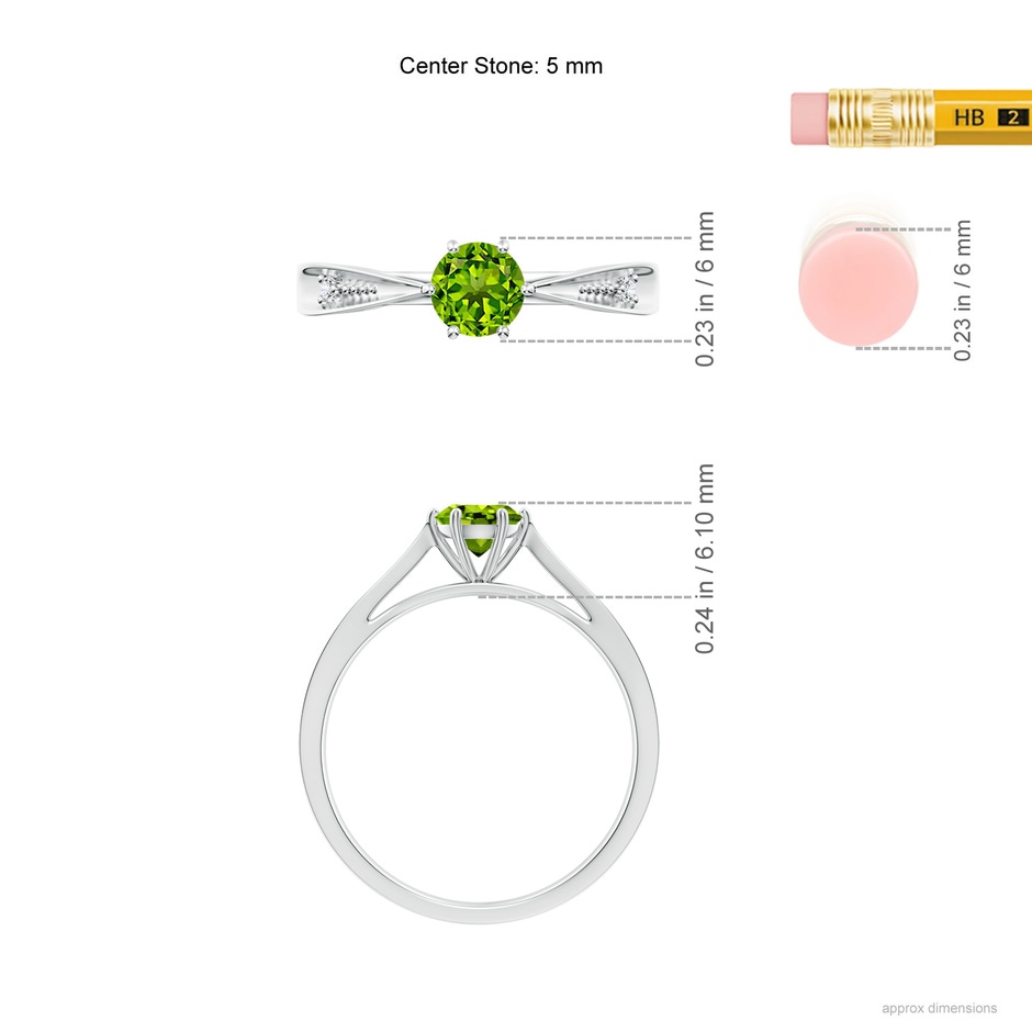 5mm AAAA Tapered Shank Peridot Solitaire Ring with Diamonds in P950 Platinum ruler
