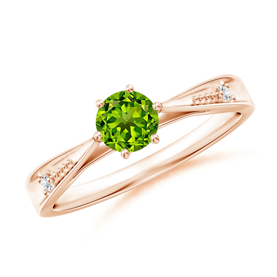 5mm AAAA Tapered Shank Peridot Solitaire Ring with Diamonds in Rose Gold 