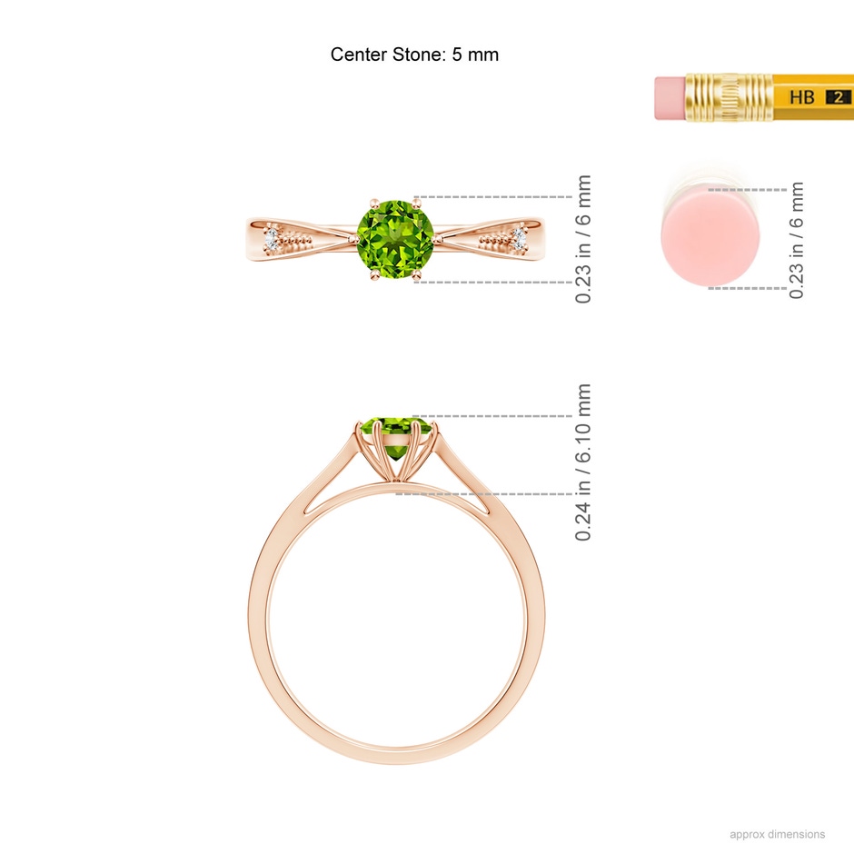 5mm AAAA Tapered Shank Peridot Solitaire Ring with Diamonds in Rose Gold ruler