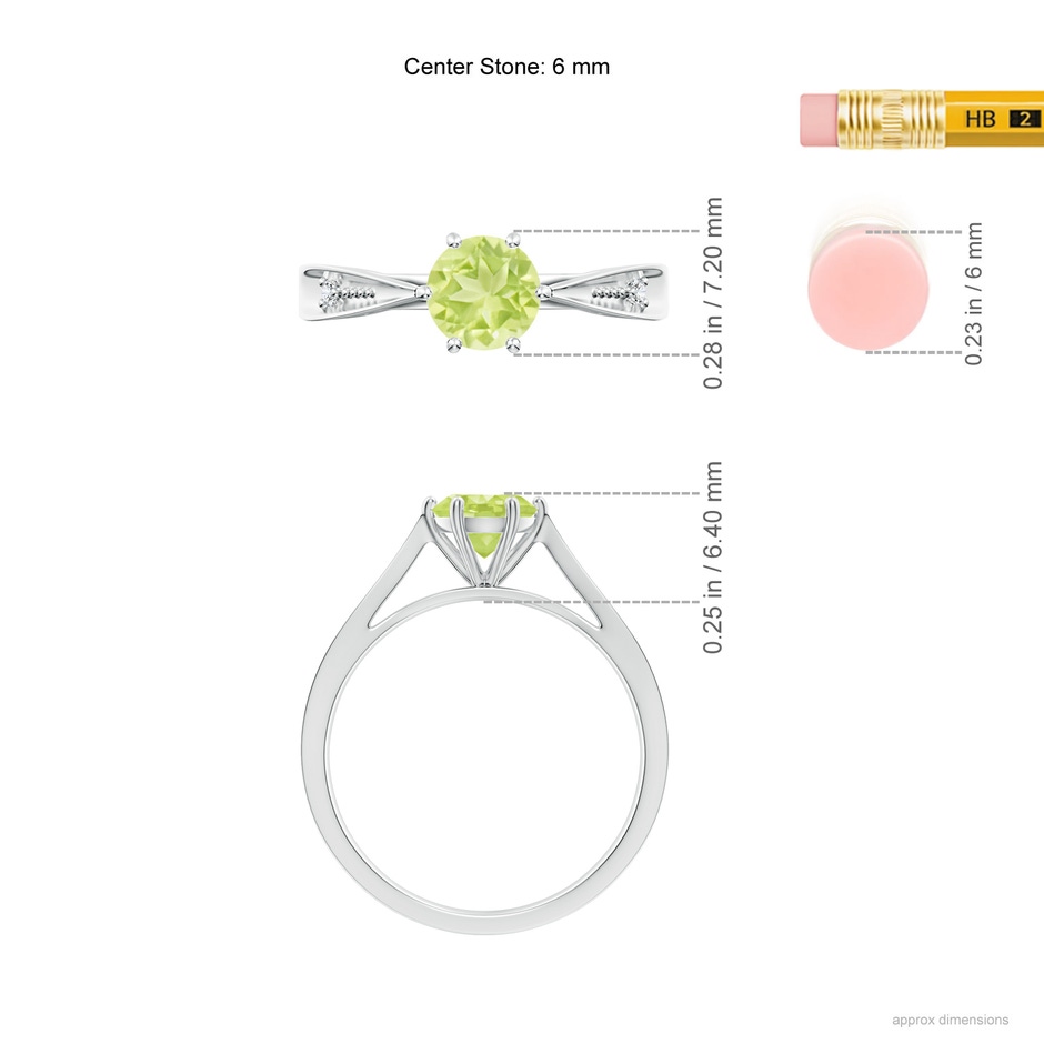 6mm A Tapered Shank Peridot Solitaire Ring with Diamonds in White Gold ruler