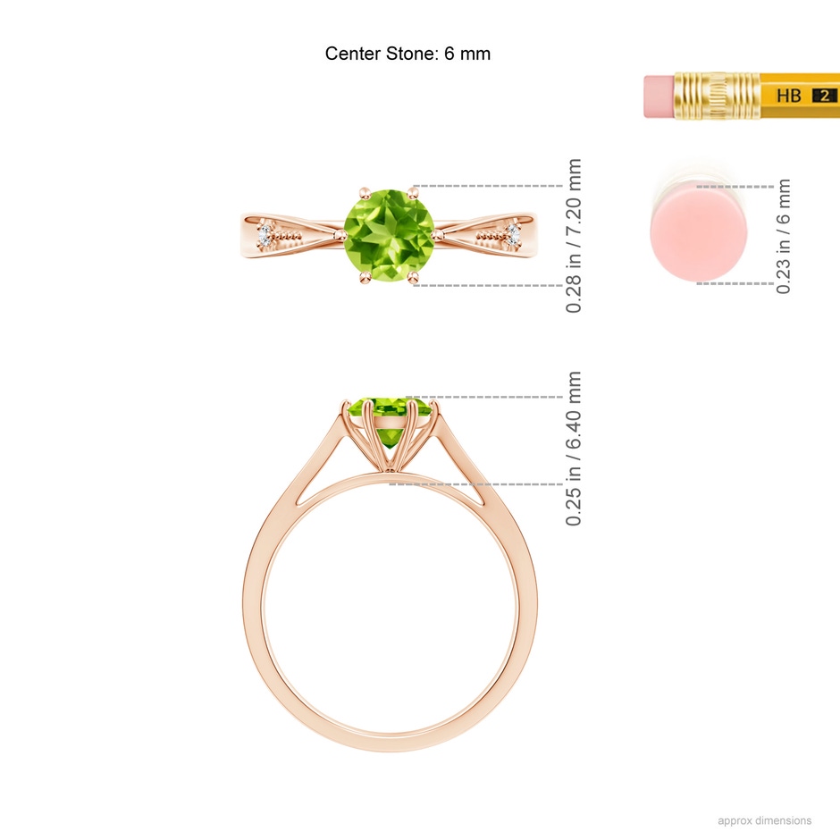 6mm AAA Tapered Shank Peridot Solitaire Ring with Diamonds in Rose Gold ruler