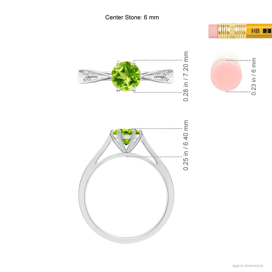6mm AAA Tapered Shank Peridot Solitaire Ring with Diamonds in White Gold ruler