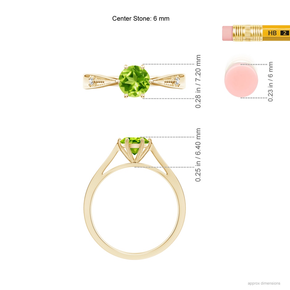 6mm AAA Tapered Shank Peridot Solitaire Ring with Diamonds in Yellow Gold ruler