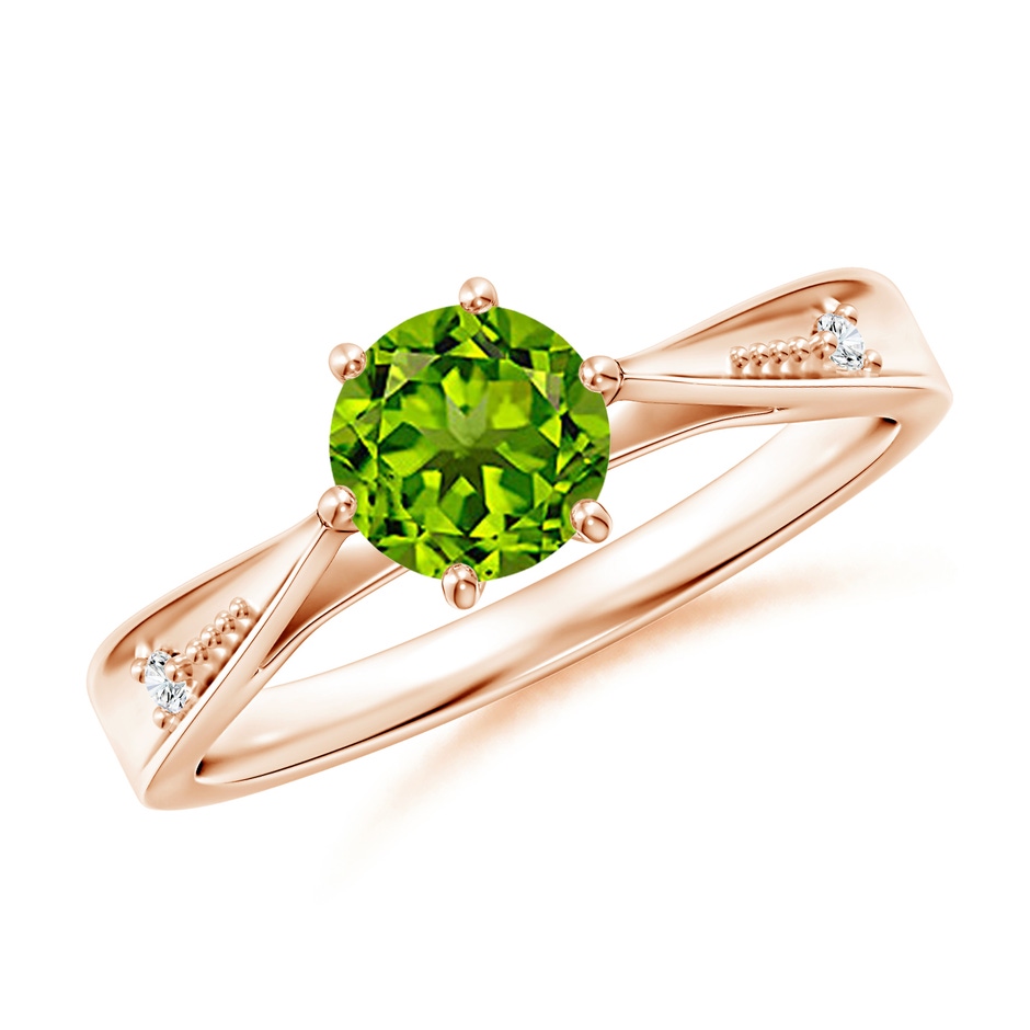 6mm AAAA Tapered Shank Peridot Solitaire Ring with Diamonds in Rose Gold 