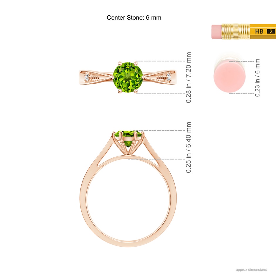 6mm AAAA Tapered Shank Peridot Solitaire Ring with Diamonds in Rose Gold ruler