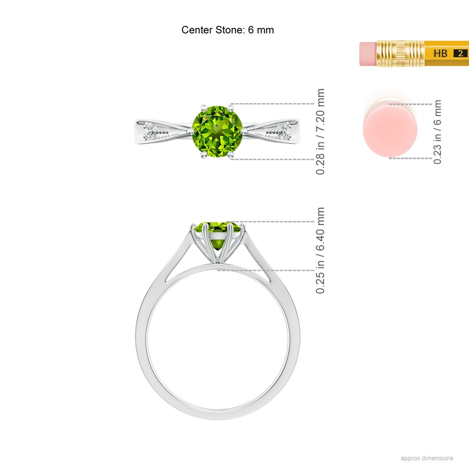 6mm AAAA Tapered Shank Peridot Solitaire Ring with Diamonds in White Gold ruler