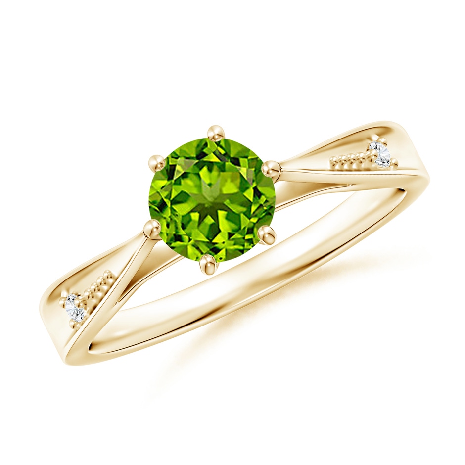6mm AAAA Tapered Shank Peridot Solitaire Ring with Diamonds in Yellow Gold 