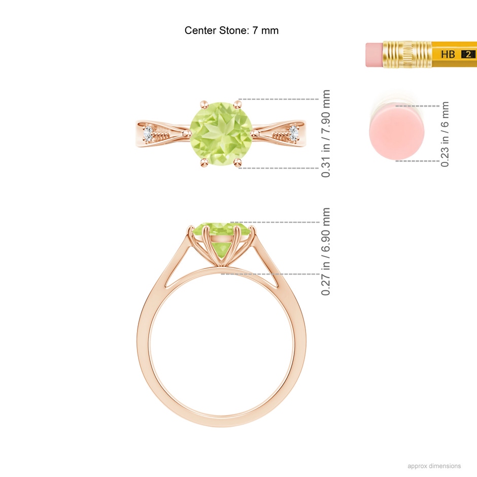 7mm A Tapered Shank Peridot Solitaire Ring with Diamonds in Rose Gold ruler