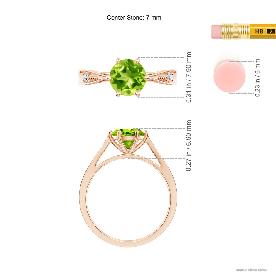 7mm AAA Tapered Shank Peridot Solitaire Ring with Diamonds in Rose Gold ruler