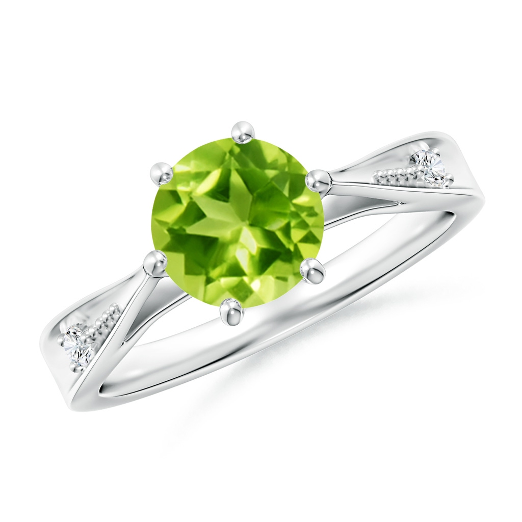 7mm AAA Tapered Shank Peridot Solitaire Ring with Diamonds in White Gold