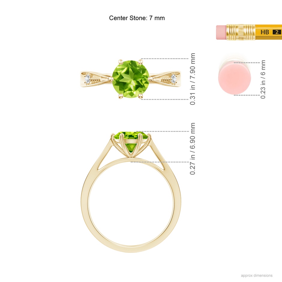 7mm AAA Tapered Shank Peridot Solitaire Ring with Diamonds in Yellow Gold ruler