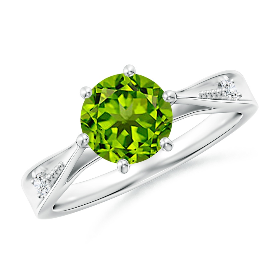 7mm AAAA Tapered Shank Peridot Solitaire Ring with Diamonds in P950 Platinum 