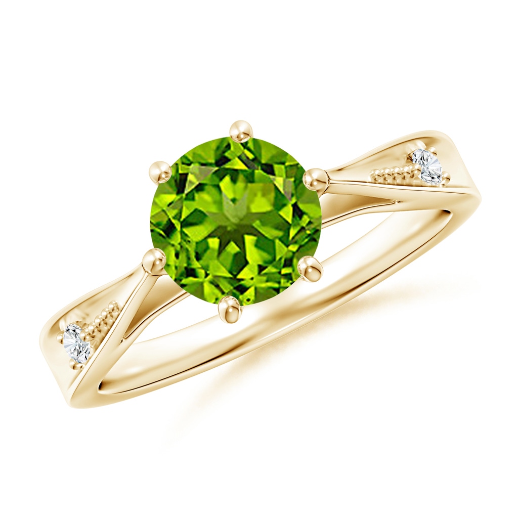 7mm AAAA Tapered Shank Peridot Solitaire Ring with Diamonds in Yellow Gold