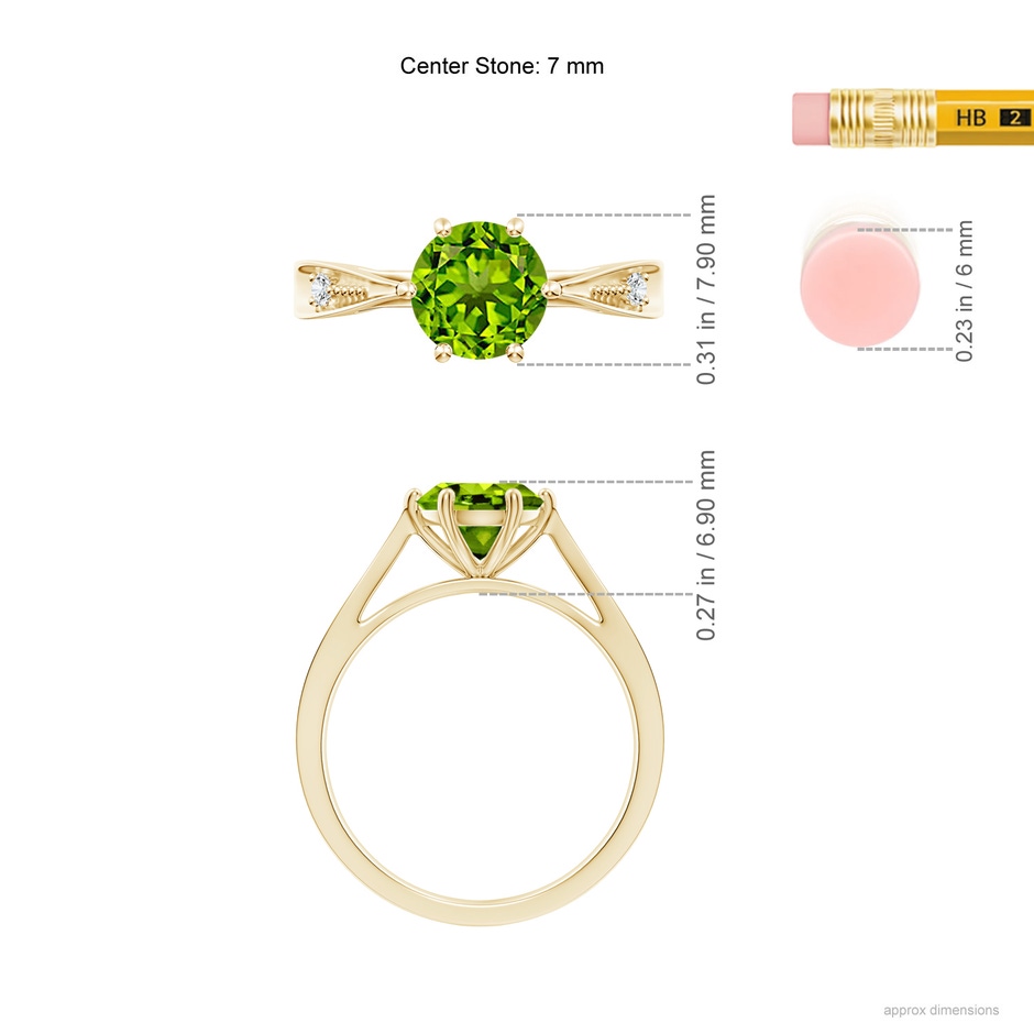 7mm AAAA Tapered Shank Peridot Solitaire Ring with Diamonds in Yellow Gold ruler