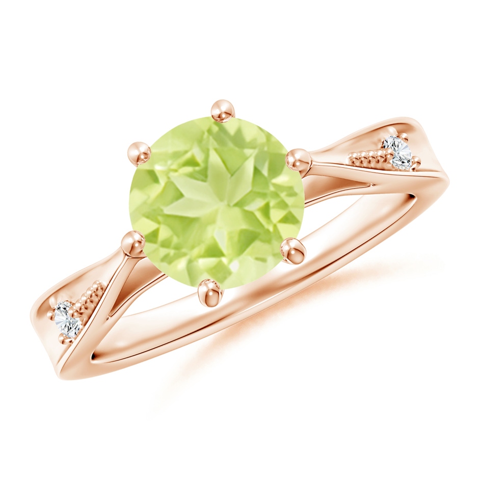 8mm A Tapered Shank Peridot Solitaire Ring with Diamonds in Rose Gold 