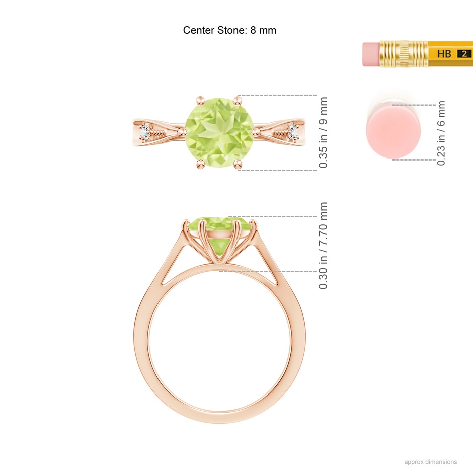 8mm A Tapered Shank Peridot Solitaire Ring with Diamonds in Rose Gold ruler