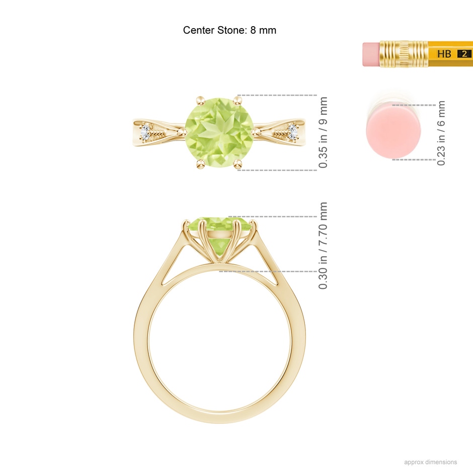 8mm A Tapered Shank Peridot Solitaire Ring with Diamonds in Yellow Gold ruler