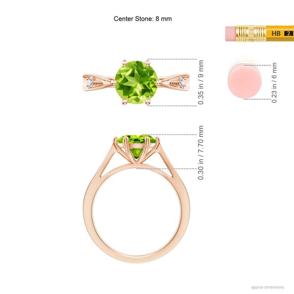 8mm AAA Tapered Shank Peridot Solitaire Ring with Diamonds in Rose Gold ruler